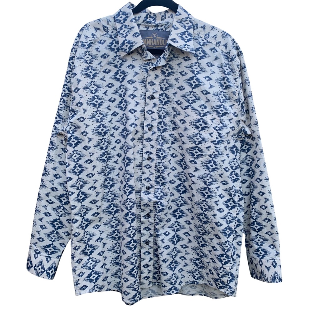 Panhandle Tuf Cooper Performance Mens Large Blue White Ikat Western Shirt L Long